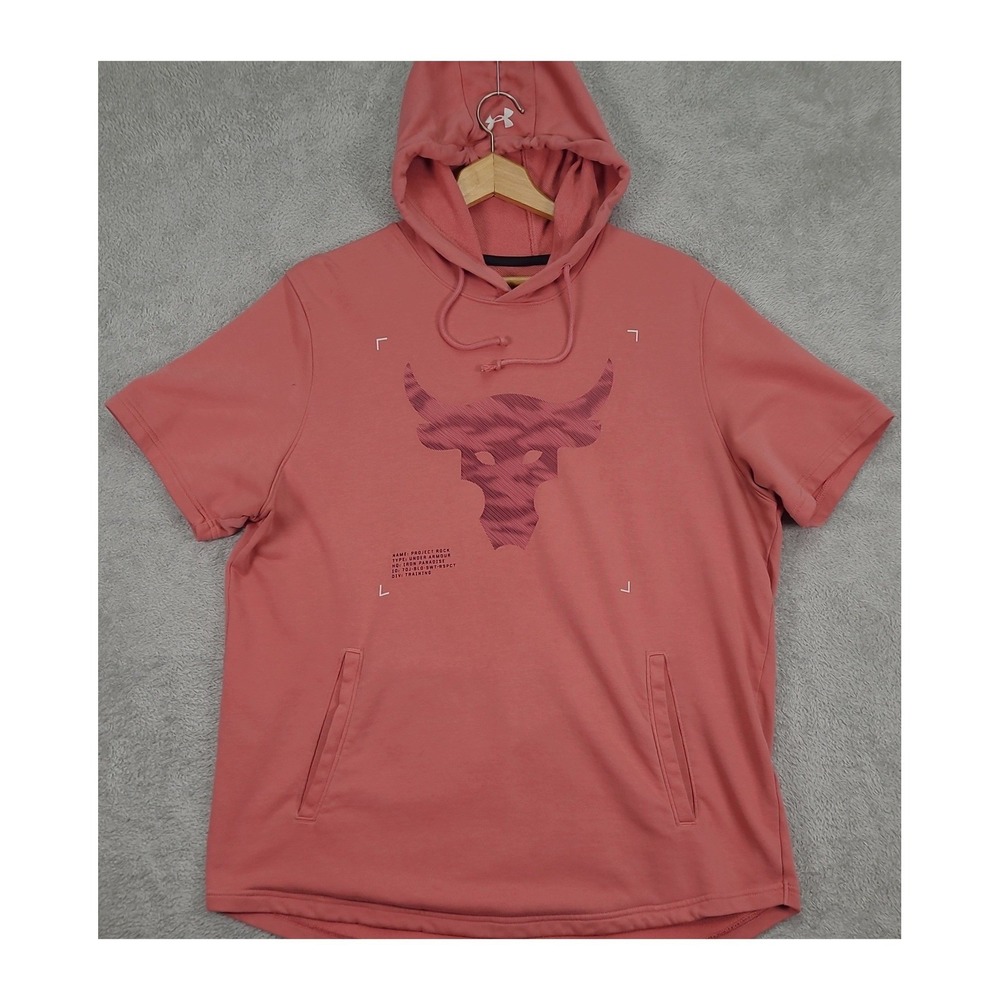 Under Armour Project Rock Mens XL Short Sleeve Hoodie Pink Brahma Bull‎ Gym